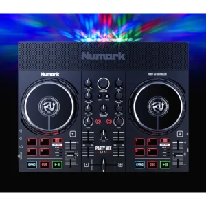 PARTY MIX LIVE Controlador DJ de 2 Canales - Luces y Parlantes Integrados - Salida TRS 3.5mm - Numark.