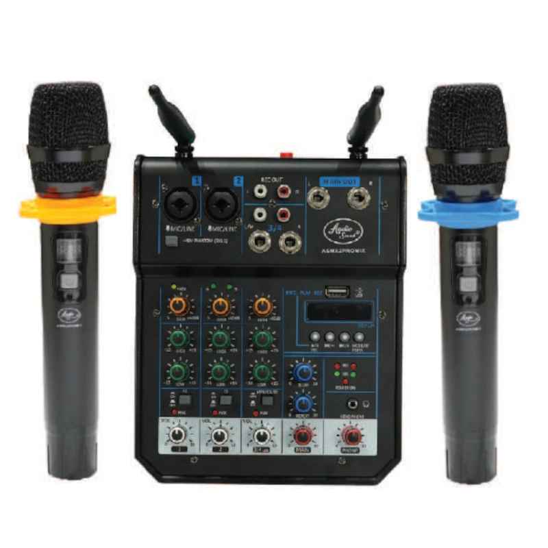 AS-MX2PRO Mixer Análogo 2 MIC (XLR/ST) + 1 Estéreo -2 Micrófonos Inalámbricos - AudioSound.