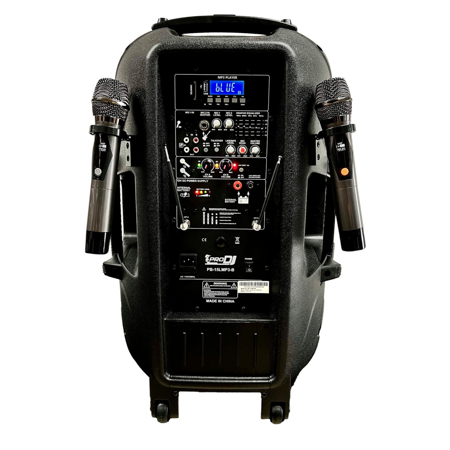 PB-15LMP3-B Cabina Activa 15" RECARGABLE - (100W RMS - 400W MAX) USB - SD - Bluetooth -FM - 2 Micrófonos Inalámbricos - ProDj. - Imagen 2