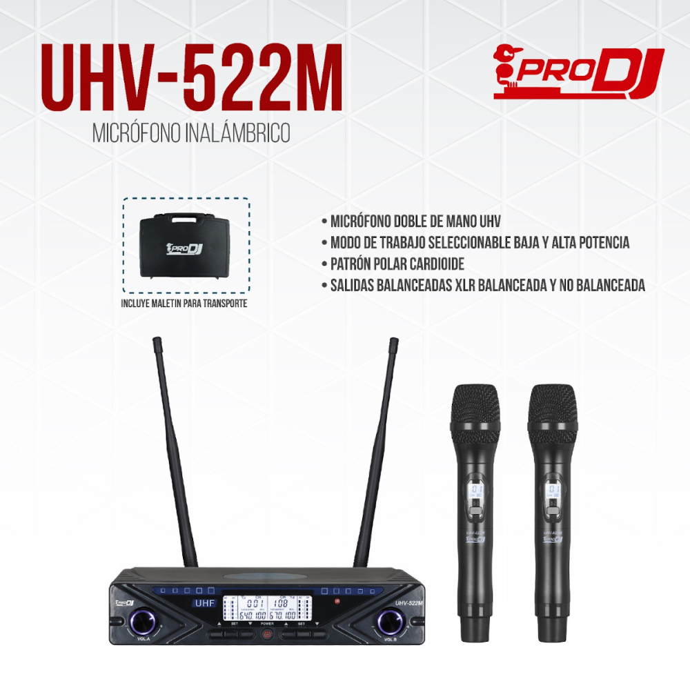UHV-522M Kit de Microfonos Dobles UHF Inalambricos de Mano Frecuencia Variable Prodj