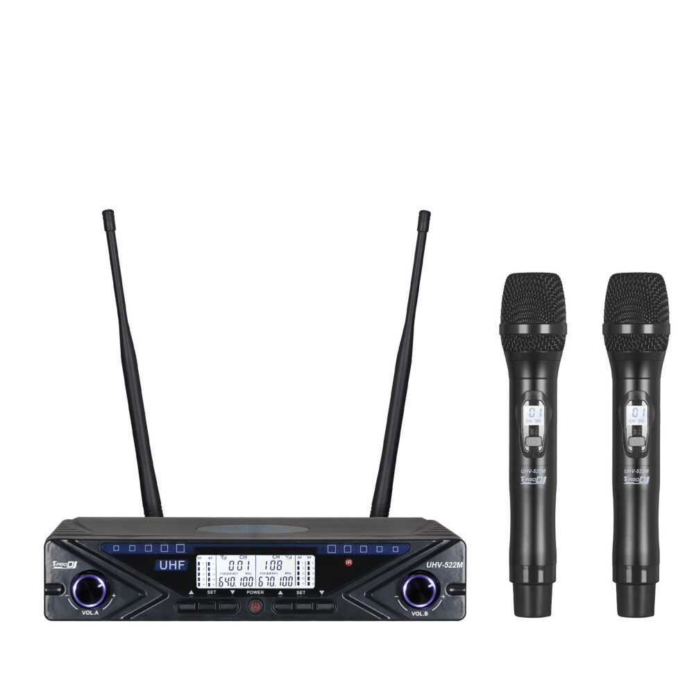 UHV-522M Kit de Microfonos Dobles UHF Inalambricos de Mano Frecuencia Variable Prodj - Imagen 2