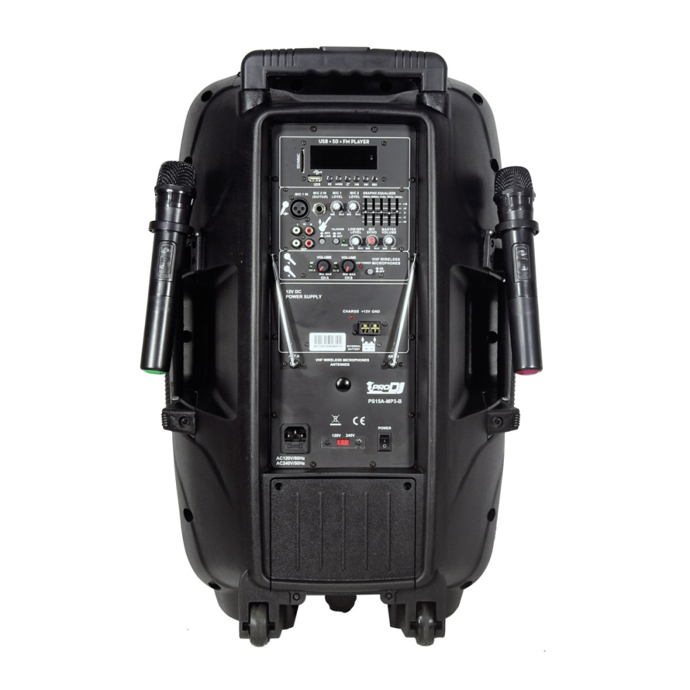 PS15A-MP3-B Cabina Activa 15" Recargable 175W RMS Y 2 Microfonos Inalambricos Prodj - Imagen 2