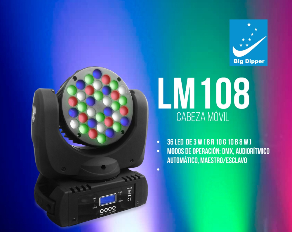 LM108 Cabeza Movil Wash 36x3W RGBW BIG DIPPER - Imagen 2