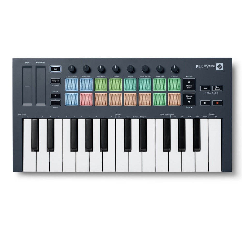 FLKEY MINI Controlador 25 Mini-teclas, 16 Pads sensibles y 2 paneles de tacto, diseñado para FL STUDIO NOVATION