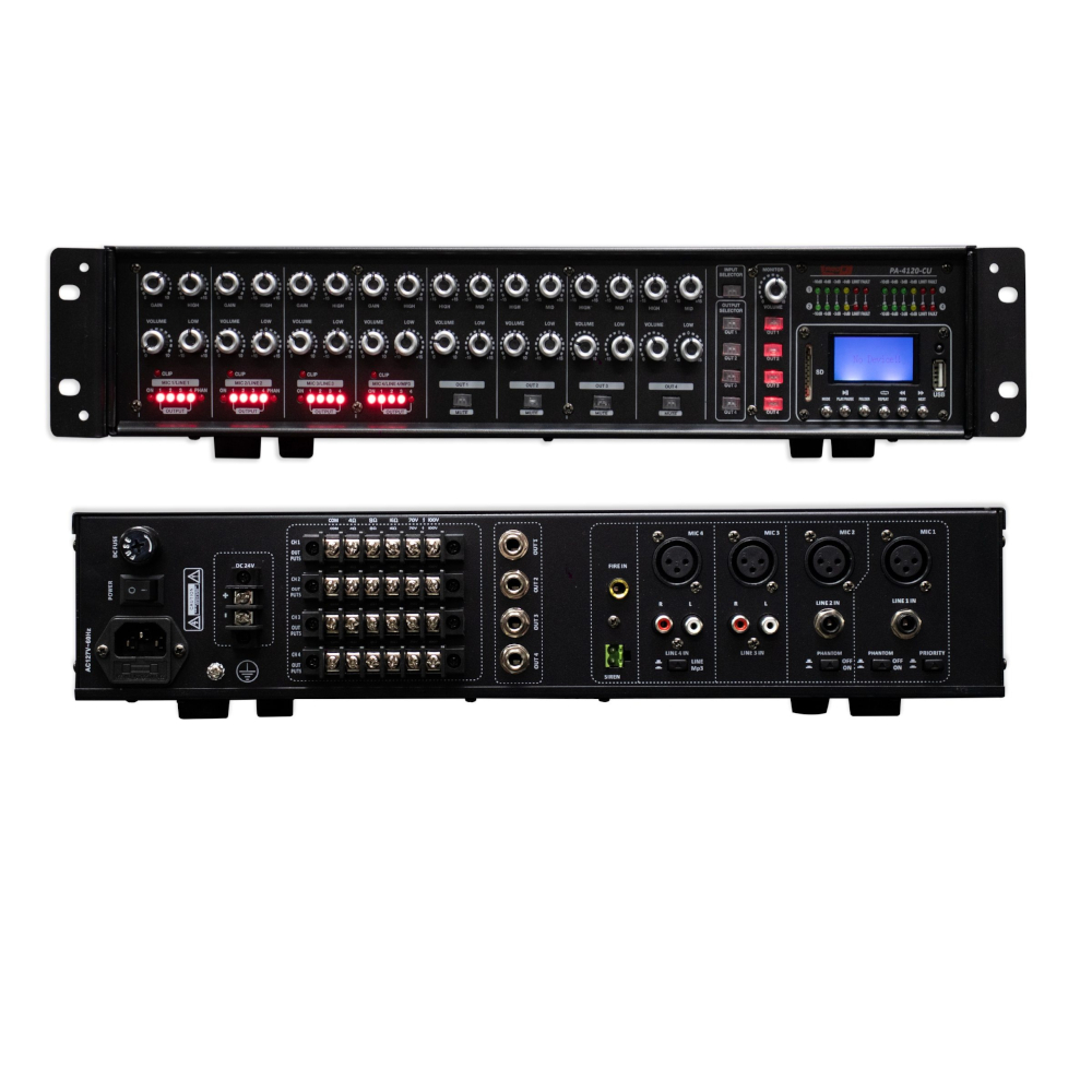 PA-4120CU Amplificador de Línea MATRIX 4 Entradas X 4 Salidas 120WX4 MP3 BT-USB-SD-FM TOROIDE EN COBRE ProDj.