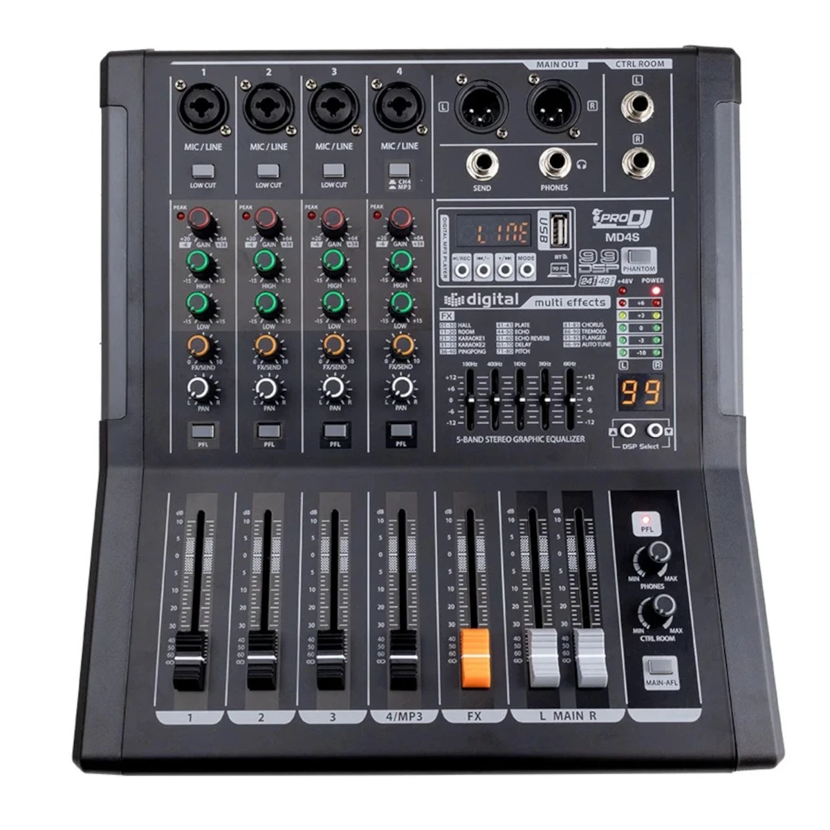 MD4S Mixer Análogo (4 Mic / TRS) USB – Bluetooth ProDj.