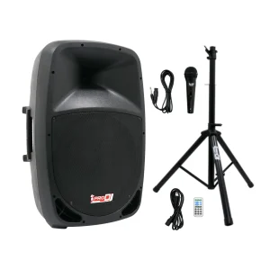 PB15E-MP3-OP SYS Cabina Activa 15" 300W - USB - SD - Bluetooth - Radio FM + Entrada óptica - Trípode y micrófono - ProDj.