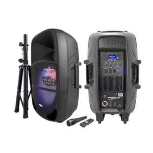 MX15E Cabina Activa 15″ USB – SD – Bluetooth – FM – (120W RMS – 960W PMPO) – SPL 126dB – Iluminación LED - Base y Micrófono – Maxlin.